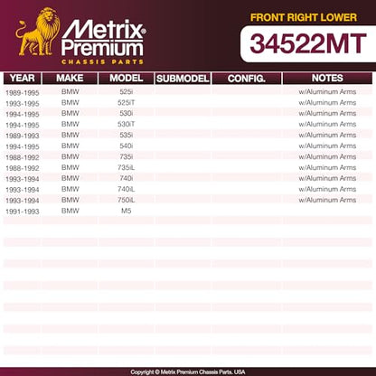 Metrix Premium Chassis Parts Right Control Arm Kit w/Ball Joints Fits 530i - size: 34522MT