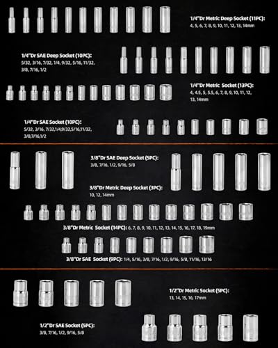 201pc Mechanics Tools Set, 1/2'', 1/4'', 3/8'' Drive Socket Set - size: 201pcs
