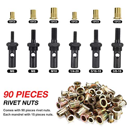 AOBEN 14" Rivet Nut Tool, Professional Hand Rivet Nut Setter Kit Labor-Saving and Compact Design Including 6 Interchangeable Mandrels 90pcs Rivnuts and 2 Mandrel Lock Pins - size: 14" Rivet Nut Tool Kit