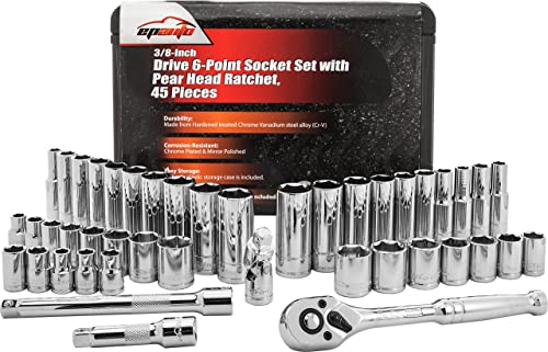 45 Pieces - EPAuto 3/8" Drive Socket Set with 72-Tooth Pear Head Ratchet - size: 45 Pieces