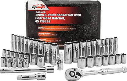 45 Pieces - EPAuto 3/8" Drive Socket Set with 72-Tooth Pear Head Ratchet - size: 45 Pieces