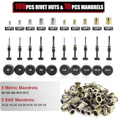 AOBEN Rivet Nut Tool Kit, Nutsert Gun Kit, Upgraded Rivnut Tool with 10 Metric and SAE Madrels, 100 Pcs Rivnuts, and Rugged Carrying Case - size: Ratchet Rivet Nut Tool Kit