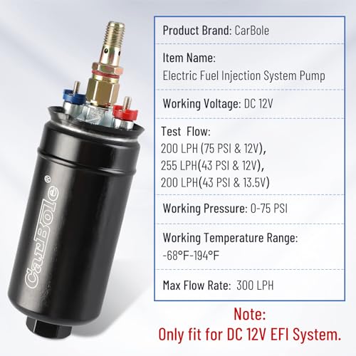 CarBole Universal Electric External Inline Fuel Pump, 12V 300LPH High Flow Rate, with Mounting Bracket Clamp