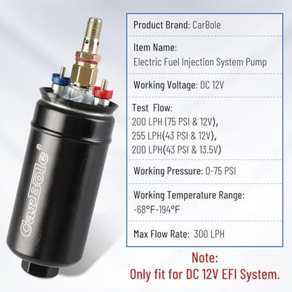 CarBole Universal Electric External Inline Fuel Pump, 12V 300LPH High Flow Rate, with Mounting Bracket Clamp