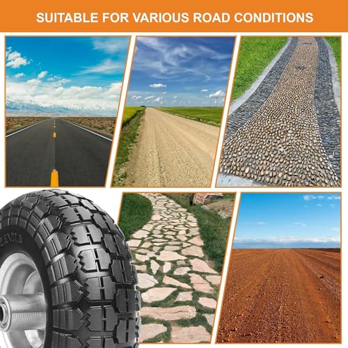 10" Solid Tires, 4.10/3.50-4 Tire and Wheel Flat Free, Gorilla Cart Tires Replacement, 4-Pack Solid Rubber Wheels with 5/8" Axle for Hand Trucks, Wheelbarrows, Dollies, Wagons & Garde (10 Inch 4-Pcs)