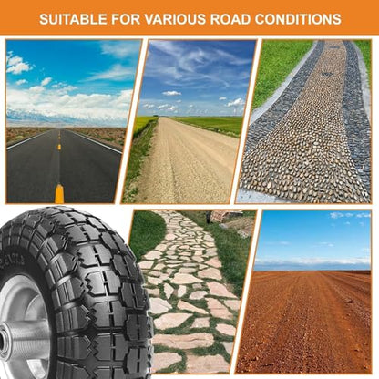 10" Solid Tires, 4.10/3.50-4 Tire and Wheel Flat Free, Gorilla Cart Tires Replacement, 4-Pack Solid Rubber Wheels with 5/8" Axle for Hand Trucks, Wheelbarrows, Dollies, Wagons & Garde (10 Inch 4-Pcs)