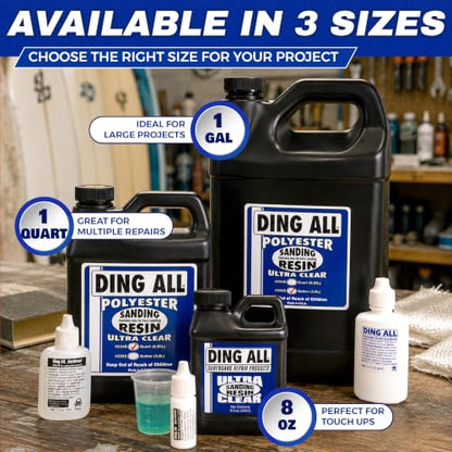 Ding All Polyester Sanding Resin with Catalyst - Smooth and Non-Tacky Product for Surfboard Repairs - 8 oz - size: 8 Oz