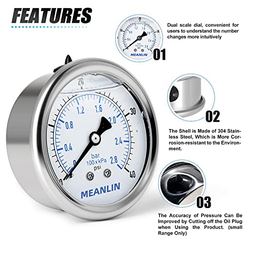 MEANLIN MEASURE 0~40Psi Stainless Steel 1/4" NPT 2.5" FACE DIAL Liquid Filled Pressure Gauge WOG Water Oil Air, Cencter Back Mount, with 1/2" NPT and 3/8" NPT Hex Bushing - size: 0-40Psi