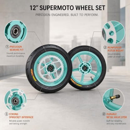 12 Inch Supermoto Wheels Set: 90/90-12 Front & 120/70-12 Rear Pit Bike Mag Wheels with Rotor & Sprocket, Fits Yozma IN10 IN10Pro Heybike Tuttio Soleil01 Mototec VALTINSU EM5 Razor MX350 MX650