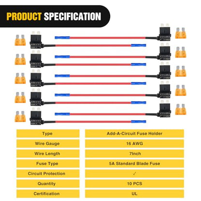 Nilight 10 Pack 12V Add-a-Circuit Standard ATO/ATC Fuse Tap Adapters 5A - color: 10Pcs Standard