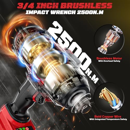 Cordless Impact Wrench 3/4 inch Compatible with Milwaukee Battery, Cerycose1850ft-lbs (2500N.m) Brushless Electric Impact Gun, High Torque Impact Driver, Heavy-Duty Automotive with 4 Sockets - size: 3/4inch, style: Compatible with Milwaukee& 4Sockets(No b