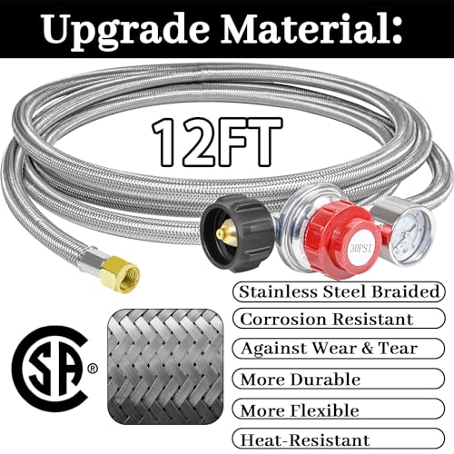 12FT 0-30PSI High Pressure Adjustable Propane Regulator with 0-60PSI Gauge Gas Flow Indicator, Stainless Steel Braided Hose and Gas Grill Regulator, QCC1x3/8 Female Flare Fitting for Gas Tank Cooker