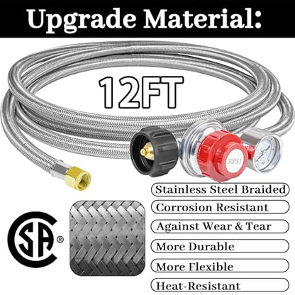 12FT 0-30PSI High Pressure Adjustable Propane Regulator with 0-60PSI Gauge Gas Flow Indicator, Stainless Steel Braided Hose and Gas Grill Regulator, QCC1x3/8 Female Flare Fitting for Gas Tank Cooker