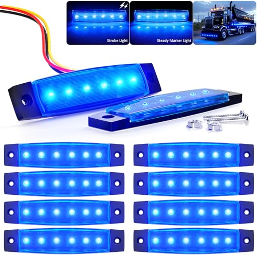 BJZ 3.8" Strobe+Steady Marker Lights Strip Dual Function Blue Trailer LED Side Clearance Tail Bumper Griller Flash Lights 12V Running Warning Waterproof Light for Trailer Truck Van RV ATV Bus, 10Pcs - color: Blue, 10Pcs