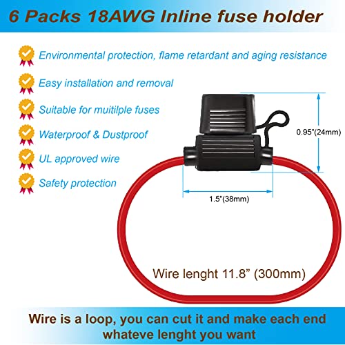 VANSIHO 18AWG Inline Fuse Holder Kits-6 Pack 18 Guage awg with 6pcs 3A Blade Mini fuse/12pcs 3:1 Heat Shrink Butt Connectors