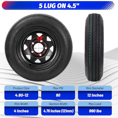4.80-12 4.80x12 480-12 4.80-12 Trailer Tires with 12 in Rims, 5 Lug on 4.5 in, Load Range C, 6PR, Black