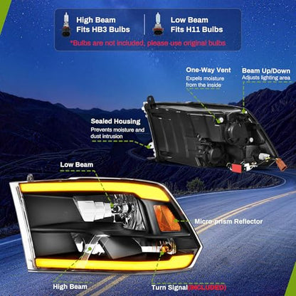 AUTOSAVER88 LED DRL Switchback Headlight Assembly Compatible with 2009-2018 Dodge Ram 1500 2500 3500/2019-2022 Ram 1500 Classic Replacement Headlamp Black Housing Clear Lens (Only for Quad Models) - color: LED Switchback - Black/Amber/Clear