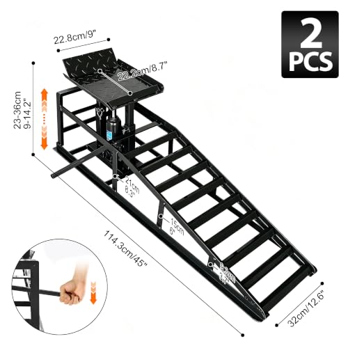 Heavy Duty Hydraulic Car Ramp 2 PCS, 11050LBS 5T Car Ramps with Hydraulic Jack, Steel Car Ramps for Oil Changes High Lift 9"-14.6" Black - color: Black-45.5l*13w*14.6h