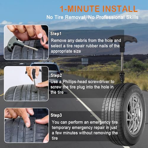 134Pcs Screw-in Tire Plug Kit with Nail Puller and Phillips Screwdriver Bit