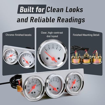 2" 52mm Triple Gauge Set Kit, Oil Pressure, Water Temperature & Voltmeter, 0-100 PSI / 100-280°F / 8-16V, Universal for Most 12V Vehicles - style: Oil Press.+Volt+Water Temp.