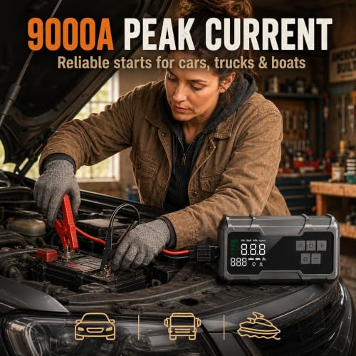 9000A Car Jump Starter with Air Compressor, Portable Battery Booster Pack Tire Inflator, Power Bank Cars Owner SUVs Trucks Road Trips Gift