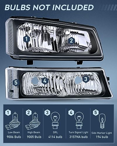 Nilight Headlight Assembly for 2003 2004 2005 2006 Chevy Silverado Avalanche 1500 1500HD 2500 2500HD 3500 Chevrolet Pickup Replacement Headlamp Housing Bumper Lamp Set - color: Black Housing + Clear Reflector