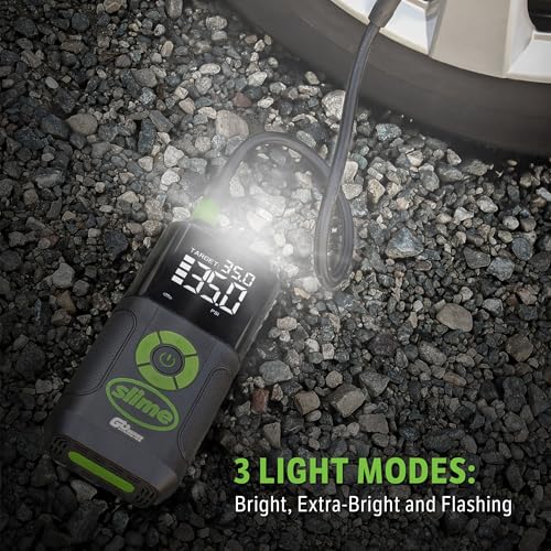 Slime 40089 Cordless 3-in-1 Tire Inflator w/Power Bank & LED Light, Auto Shut-Off, Digital Display & 6 Presets, Flat to Full in 8 Mins, Car, Bike, Motorcycle & More - style: 3in1 Cordless Tire Inflator