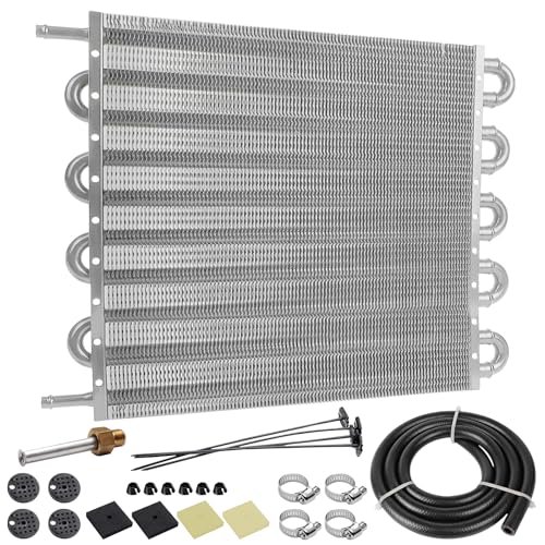 10 Pass Aluminium Transmission Oil Cooler, Remote 5/16" Engine Oil Cooler Radiator, with Hose Mounting Kit (Silver) - color: Silver