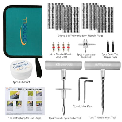 BETOOLL Tire Repair Kit, 44 Pcs Professional Heavy Duty Universal Emergency Flat Tire Repair Kit to Fix Punctures, for car Motorcycle, Truck, Golf Cart, ATV, Tractor, ARB, RV, SUV, Trailer etc. - size: 05- 44pcs (Classic Green)