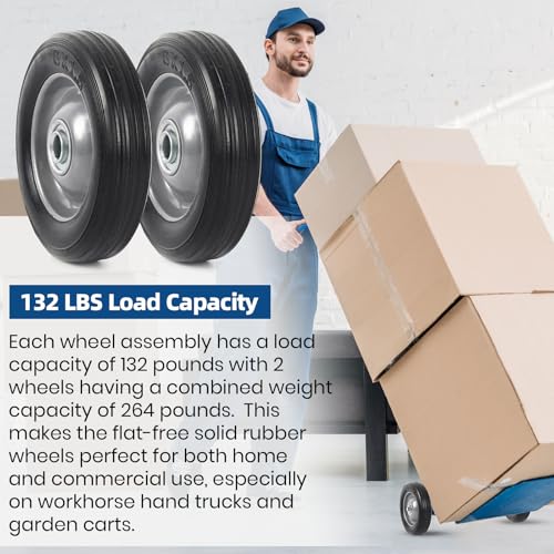 (2-Pack) AR-PRO 6” x 1.5” Flat Free Solid Rubber Wheel Assemblies - Replacement Hand Truck Wheels with Ball Bearings and 5/8” Bore Hole Diameter - Heavy-Duty Solid Rubber Wheels 132 lbs Load Capacity - size: 5/8"