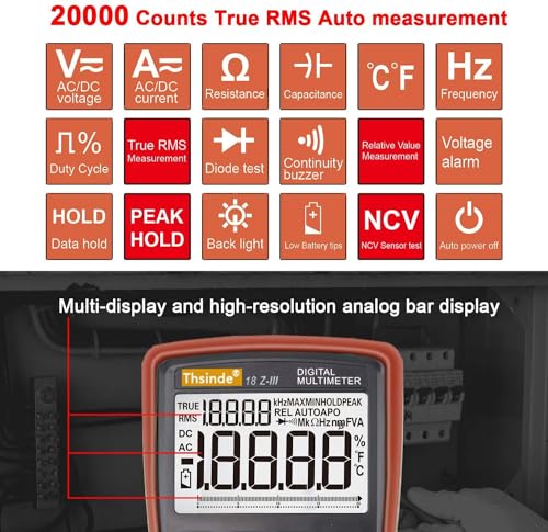 Auto-Range Digital Multimeter 20000 Counts 4 1/2 DC AC Resistance Capacitance Peak Hold True RMS NCV Diode Tester - color: 4 1/2