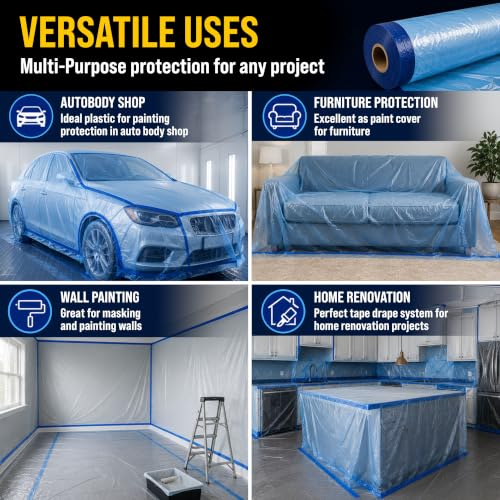 Dura-Gold 71" x 65' Pure Blue Pre-Taped Masking Film, (3 Pack) Painters Plastic Roll (0.4 Mil), Pull Down Drop Sheet, Pre-Taped Plastic Sheeting for Painting Protection on Auto, Walls, Furniture