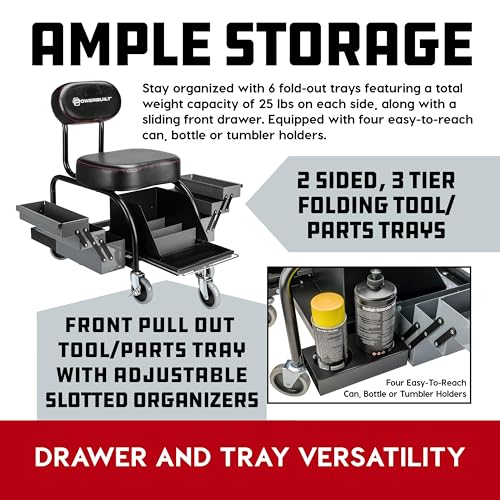 Powerbuilt Professional Mechanics Roller Seat, Heavy Duty Padded Detailer Seat and Backrest, Sliding Storage Drawers, Tool Tray, Can Holders, 4-Inch Swivel Wheels - size: Sliding Storage Drawers