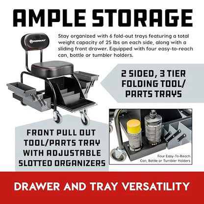 Powerbuilt Professional Mechanics Roller Seat, Heavy Duty Padded Detailer Seat and Backrest, Sliding Storage Drawers, Tool Tray, Can Holders, 4-Inch Swivel Wheels - size: Sliding Storage Drawers