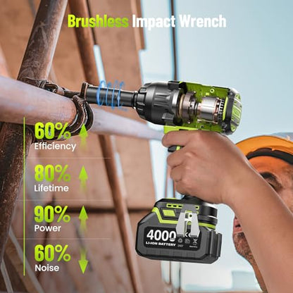 Robustrue 1600N.m (1180ft-lbs) Cordless Impact Wrench, 1/2 High Torque Brushless Impact Gun, 2400RPM Power, 2 x 4.0Ah Batteries, Fast Charger, Impact Wrench for Heavy Duty Truck RV Mower - size: 1600N.m