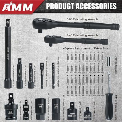 AMM 123Pcs Impact socket set，1/4”3/8”Drive Deep&Shallow Socket wrench set，6 Point Metric&Standard Full 5/32"-3/4"，4-22mm with Spark plug sockets，72T Ratchet handle，Screwdrivers，for Automotive&Home