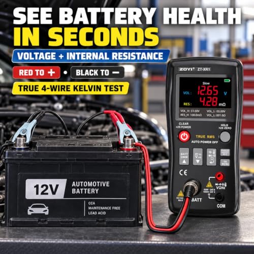 ZOYI ZT-XR1 2-in-1 Digital Multimeter & Battery Internal Resistance Tester, 25000 Counts Auto-Range True RMS, 0 to ±100V 4-Wire Kelvin Sensing for Automotive&Battery Test, Electronic Equipment Repair