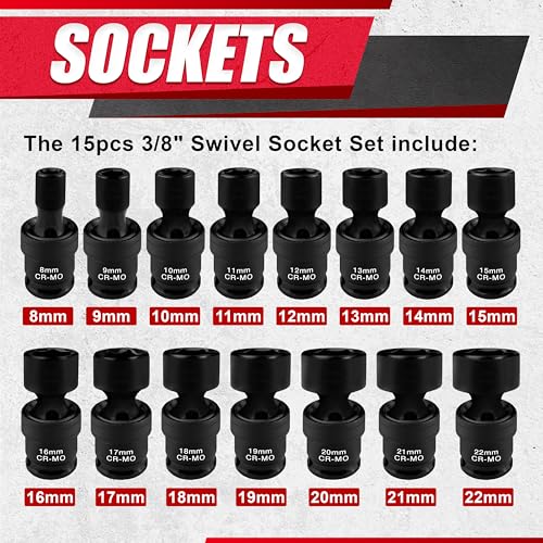 15PCS 3/8" Drive Shallow Universal Impact Socket Set,Swivel Socket Set,Metric Flexible Wobble Sockets, CR-MO,8-22mm, 6 Point - size: 15 PCS (5/16"-7/8")