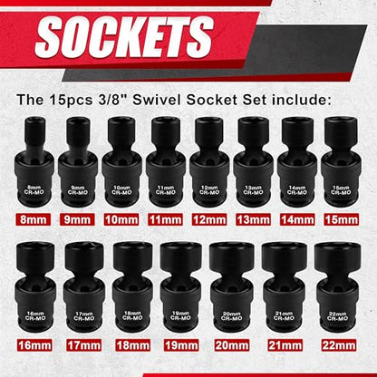 15PCS 3/8" Drive Shallow Universal Impact Socket Set,Swivel Socket Set,Metric Flexible Wobble Sockets, CR-MO,8-22mm, 6 Point - size: 15 PCS (5/16"-7/8")