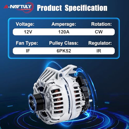 Alternator Replacement for 2006-2011 Chevrolet Impala 3.5L 3.9L, 06-07 Monte Carlo 3.5 3.9, 120A, V6, High Output Alternator 10335497, 20757889, 20911162, 400-24062, ABO0241, 90-15-6502, 11185N