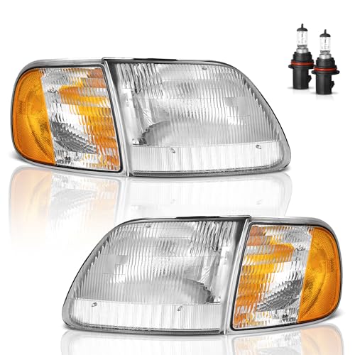 WEELMOTO Headlight for 1997-2003 F150/F250/Expedition W/Bulbs Halogen - color: Chrome Housing I Amber Reflector