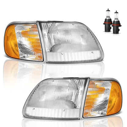 WEELMOTO Headlight for 1997-2003 F150/F250/Expedition W/Bulbs Halogen - color: Chrome Housing I Amber Reflector