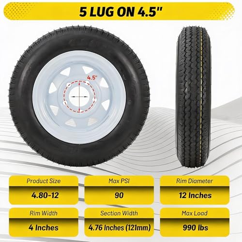 GarveeTech 2PCS 4.80-12 4.80x12 480-12 Trailer Tires with 12 inch Rims, 2 Pack 4.80 12 Tires 5 Lug on 4.5 inch, Center Bore 2.95", 6PR, Muti Function Lawn Mower & Tractor Turf & Boat Tire - size: 4.80-12, style: 5 lug