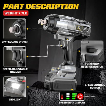 Cordless Impact Wrench 3/4 inch compatible with Dewalt 20V Battery, Cerycose1850ft-lbs (2500N.m) Brushless Electric Impact Gun, High Torque Impact Driver, Bare Tool Only, Heavy-Duty Automotive - size: 3/4inch, style: 3/4 inch Fit for DeWalt(No battery)
