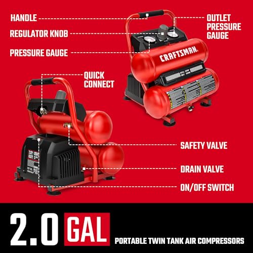 Craftsman 2-Gallon Air Compressor, 1/3 HP Oil-Free Twin Tank, 125 PSI