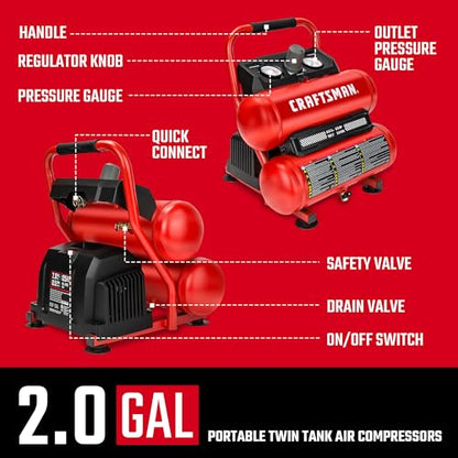Craftsman 2-Gallon Air Compressor, 1/3 HP Oil-Free Twin Tank, 125 PSI