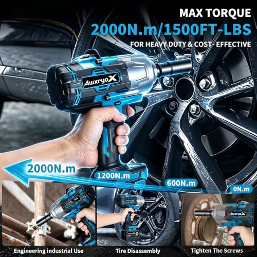 AwxryoX 2000Nm Cordless Impact Gun, 1/2" Impact Wrench 2 x 6.0Ah Battery