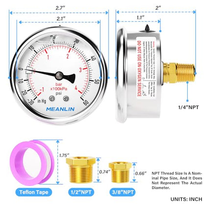 MEANLIN MEASURE -30inHG~60Psi Stainless Steel 1/4" NPT 2.5" FACE DIAL Vacuum Pressure Gauge, Center Back Mount, 1/2" NPT and 3/8" NPT Hex Bushing - size: -30inHG-60Psi