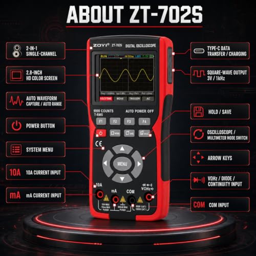 702S 2 in 1 Handheld Automotive Oscilloscope Multimeter - 10MHz Bandwidth 48MS/s Sampling Rate,Auto-Ranging 9999 Counts T-RMS Multimeter with Temperature Tester for Electronics Repair Test