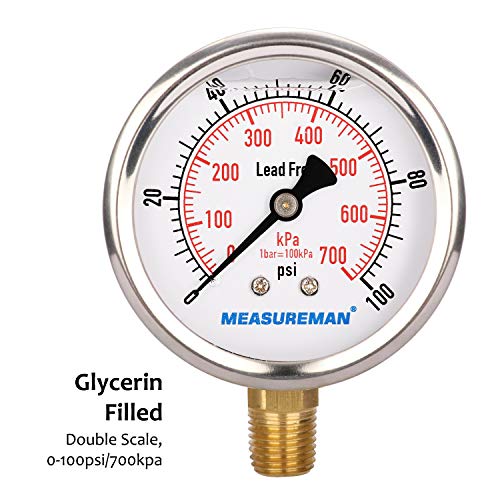 MEASUREMAN Lead-Free Pressure Gauge, 2-1/2inch Dial, Glycerin Filled, 0-100psi/kpa, Stainless Steel Case, 1/4inchNPT Lower Mount - size: 0-100 psi, style: Lower Mount(Lead-Free)